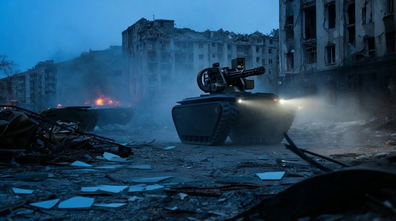 Fenris V2 with a mounted turret rolling through a ruined city street at dusk, headlights cutting through the haze.