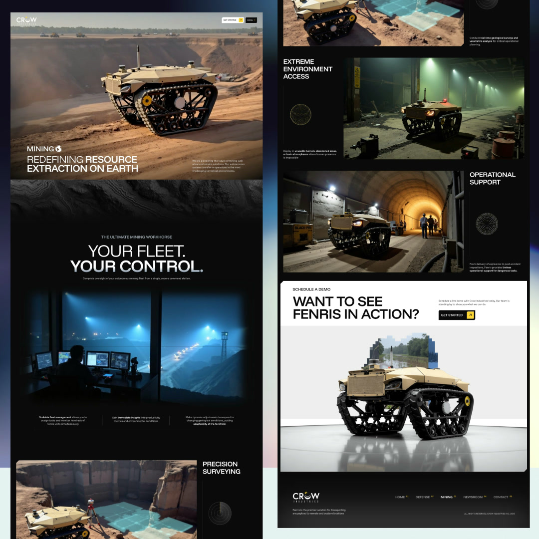 Two Mining pages of the Crow Industries site: “Redefining Resource Extraction on Earth”, the fleet control room, precision surveying, extreme environment access, and the demo call-to-action.