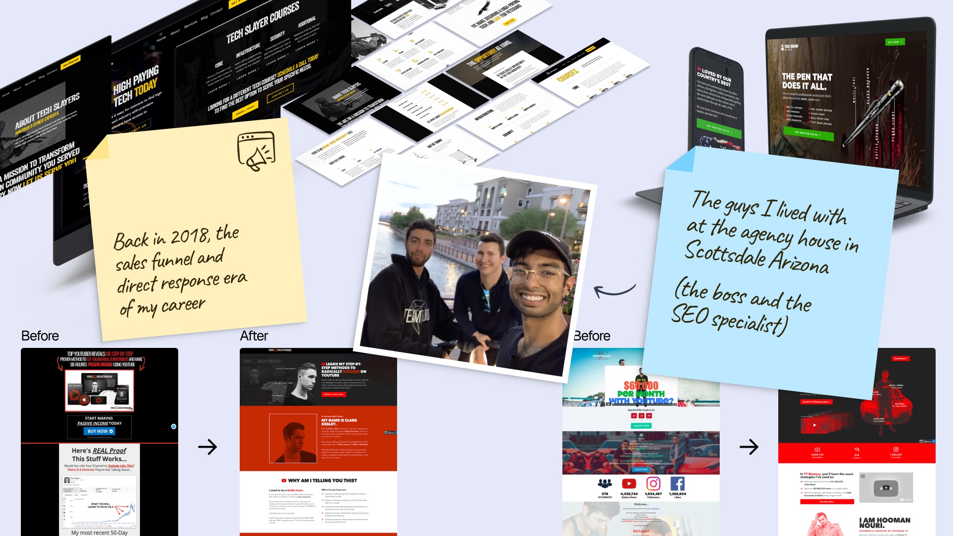 Client work from the Bank Account Builders era: sales funnel and landing page designs, before-and-after redesigns of two course funnels, and a photo of the team at the agency house in Scottsdale.