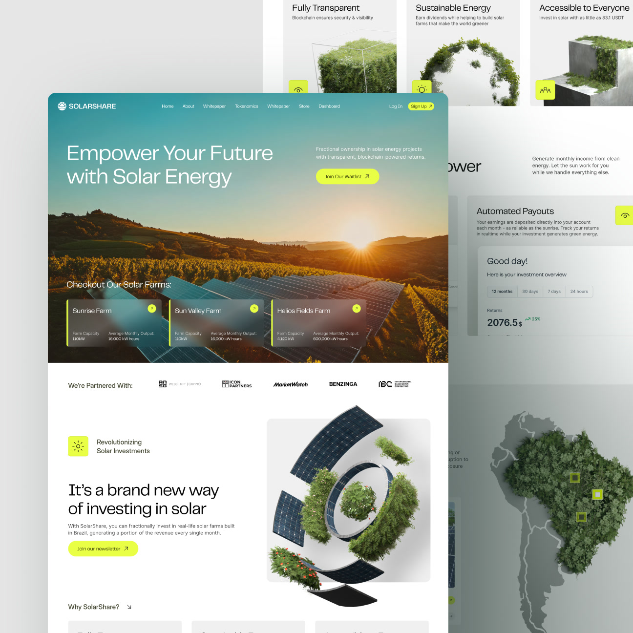 The revamped SolarShare site: photographic sunrise hero over solar farms, ‘Empower Your Future with Solar Energy’, farm cards, and the clean energy visual system.