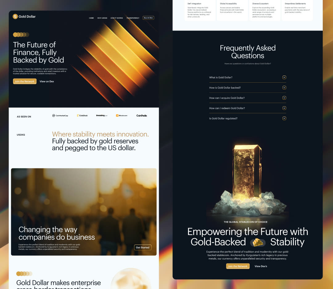 Gold Dollar website pages: the hero with 'The Future of Finance, Fully Backed by Gold', the stability statement, and the FAQ beside the gold monolith.